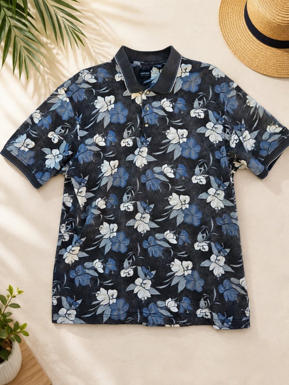 Arrow Mens Tropical Hibiscus Polo Shirt Short Sleeve‎ - L